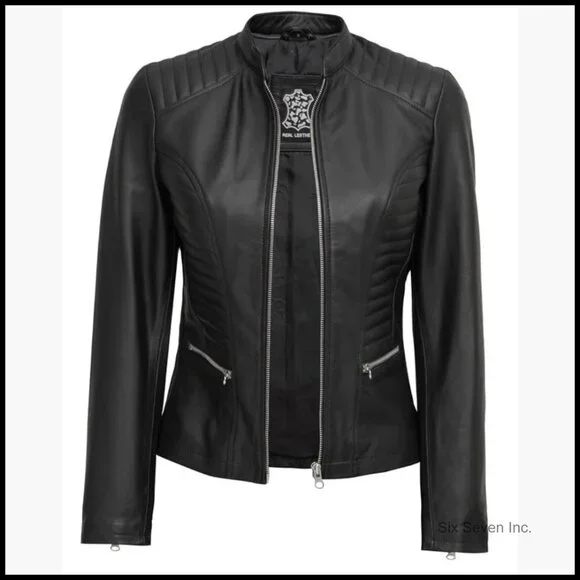 Real Lambskin Leather Jacket Cafe Racer Style Women's